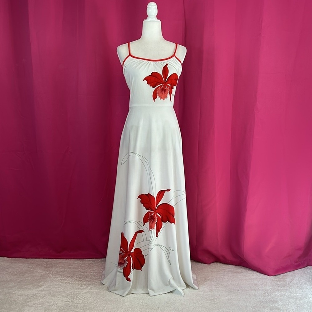 Vintage 70s Alfred Shaheen graphic print red flower maxi dress 8